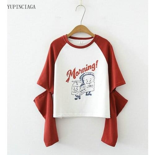 Casual Creative Cartoon Bread Print Cotton O-Neck Long Sleeve T-Shirt Women Split-Sleeve Color Matching Crop Tops Tees 2115969