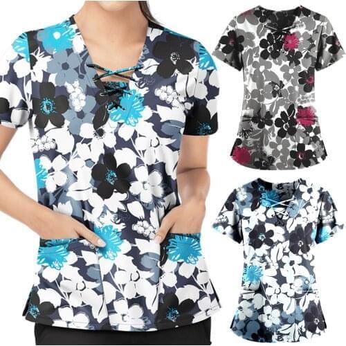 Plus Size Overalls for Women 2021 Ladies Short Sleeve V-neck Print Nursing Working Uniform T-shirts Sexy Uniformes Clinicos