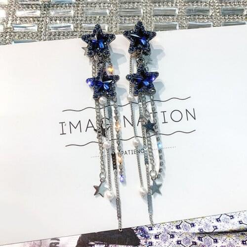 USTAR Korean Style Shiny Star Drop Earrings for Women New Bijoux Long Tassel Blue Crystal Dangle Earrings Jewelry Accessories