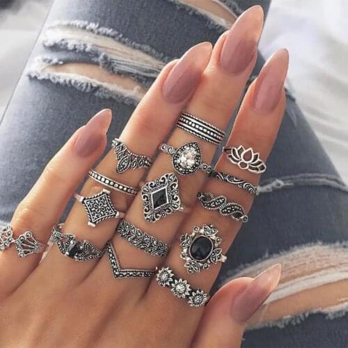 Jewelry Personality Trend Hollow Lotus 15 Piece Set Boho Black Sapphire Joint Set Ring
