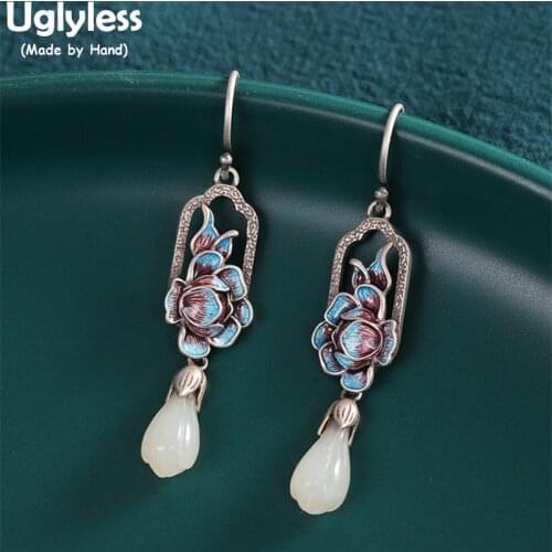 Uglyless Retro Enamel Blue Lotus Earrings for Women Magnolia Jade Dress Earrings Thai Silver 925 Silver Brincos Bijoux Gemstones