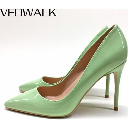 Veowalk Mint Green Women Solid Patent Formal High Heels Pointy Toe Slip On Stilettos Elegant OL Ladies Dress Shoes 12/10/8cm