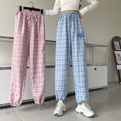 Autumn new love heart embroidery loose high waist plaid wide leg pants women