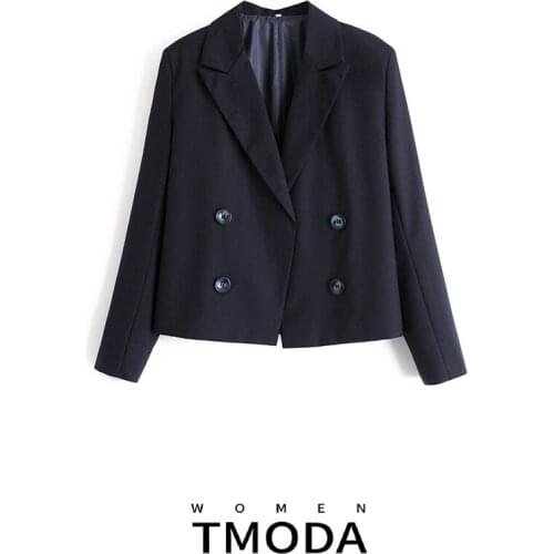 TMODA587 Women 2021 Fashion Double Breasted Cropped Navy Blazer Coat Vintage Long Sleeve Office Wear Female Outerwear Chic Tops