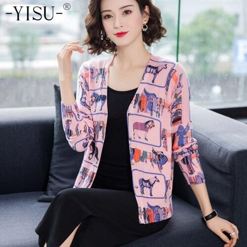 YISU Women Cardigan Sweaters 2020 Autumn Winter Short Sweater Coat V Neck Long Sleeve Sweater Women Knitted Printed cardigan