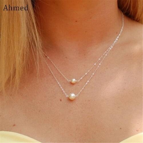 Ahmed Simple Gold/Silver Color Imitation Pearls Accessory Pendant Necklace For Women Fashion Jewelry Double Chain Collier Femme