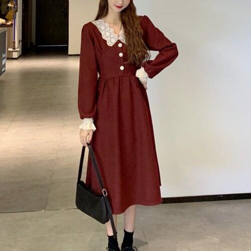 Red Patchwork Long Dress Women Vintage Elegant Long Sleeve Dress Korean Lace-up Peter Pan Collar Designer Dress Women 2021 New