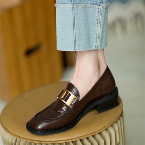 2021 Spring/Autumn New Women Shoes Genuine Leather Plaid Round Toe Chunky Heel Pumps Simple and Versatile Low Top Shoes Women