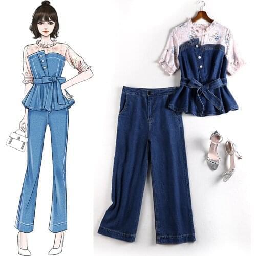 4XL 5XL plus size women 2 piece set 2020 summer girl fashion denim set short sleeve patchwork top + wide leg straight jeans JC81