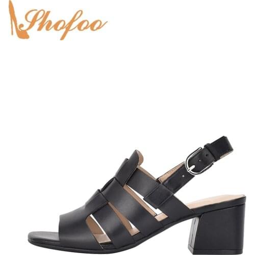 Black Slingback Women Sandals High Chunky Heels Open Toe Buckle Strap Ladies Summer Fashion Mature Shoes Large Size 14 15 Shofoo