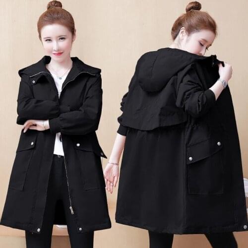 Hot Sale 2020 Autumn Classic Black Long Trench Coat Women Casual Thin Windbreaker Female Overcoat Hooded Coat Plus Size 3XL Y552