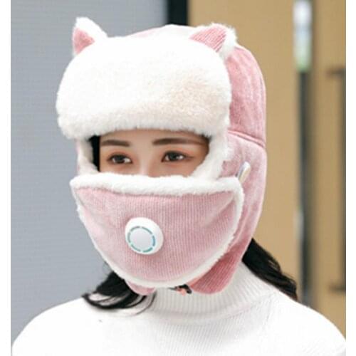 New Fashion Winter Hats For Women With Breathing Mask Winter Hat Girl Add Fur Lined Warm Pilot Style Hat