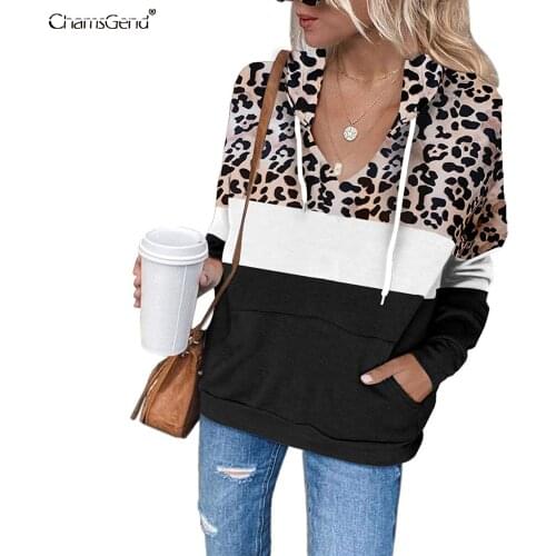 Leopard Printed Hoodies Sweatshirts Women Long Sleeve Autumn Half Zip Pullovers Harajuku Hoodie Sweatshirt Streetwear Pockets