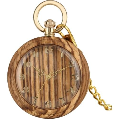 Classic Wooden Quartz Pocket Watch for Women Round Dial Pendant Chain Watches for Men