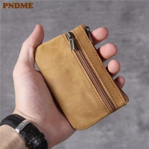 Simple retro natural crazy horse cowhide mens womens mini coin purse genuine leather student card holder small wallet card bag