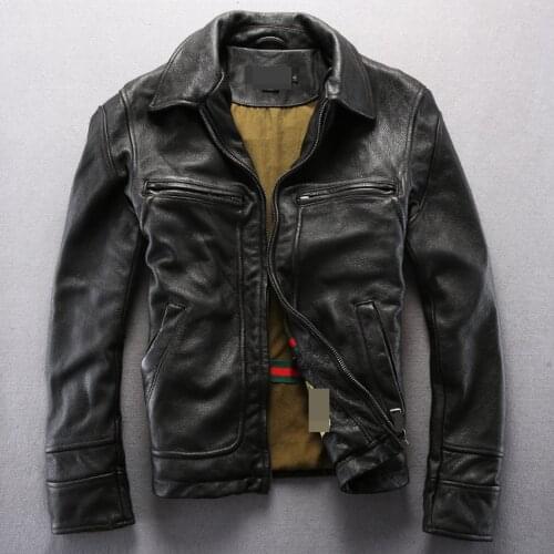 Vintage genuine leather jacket men black leather motorcycle jacket mens real cowskin leather coat for men real skin wind jacket