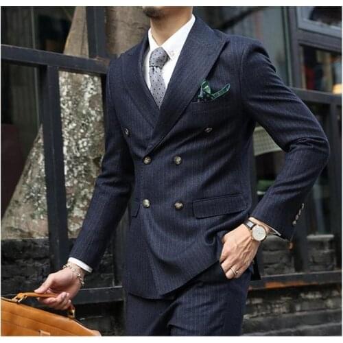 Navy Blue Stripe Men Suits 2 Pieces Wedding Suits For Men Groom High Quality Business Casual Tuxedos Design (Jacket+Pant)