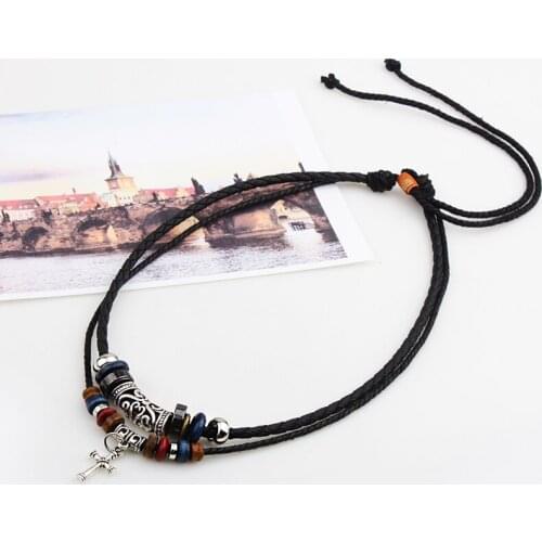 Couple jewelry Mens Leather Necklace Rope short necklace cross pendant beaded jewelry Fashion men couple necklace Double layer