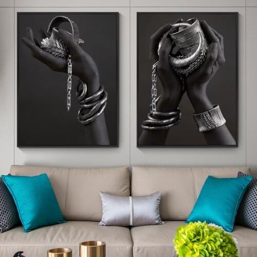 Black Hands Holding Silver Jewelry Wall Art Posters And Prints Modern African Art Canvas Paintings Home Wall Decorative Pictures