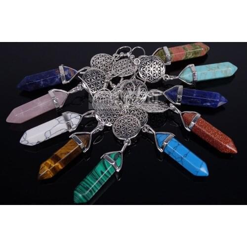 Natural Gems Stone Flower Hexagonal Reiki Chakra Pendant Silver Hook Earrings Jewelry Design 5 Pairs/Pack