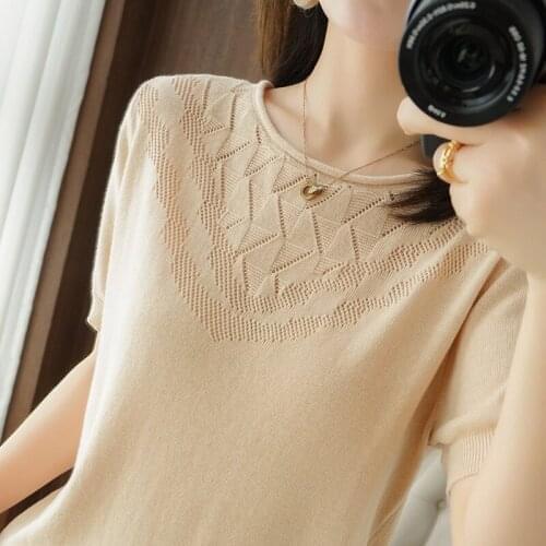 2021 summer new cotton O-neck knitted T-shirt short-sleeved womens hollow loose half-sleeved pullover