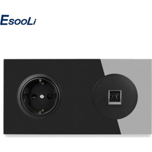 Esooli Crystal Tempered Glass Panel EU Standard Wall Socket RJ11 Telephone Connector Phone Jack Socket Knight Black