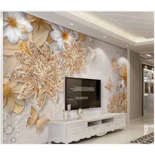 Custom photo wallpaper for walls 3 d mural Luxury 3d golden jewelry flower butterfly TV background wall papers home decoration
