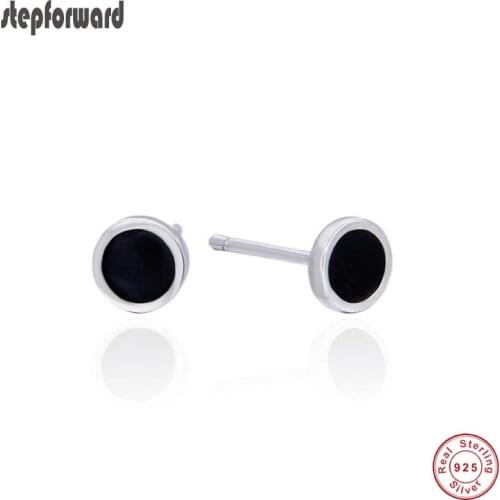 Popular High Quality Black Enamel Simple 925 Authentic Silver round Shape Stud Earrings For Girls