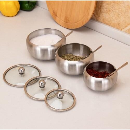 Stainless Steel Sugar Bowls Cruet with Lid & Spoon Salt Shaker Sauce Cruet Seasoning Jar Spice Pepper Tank Kitchen Cook Bow Tool