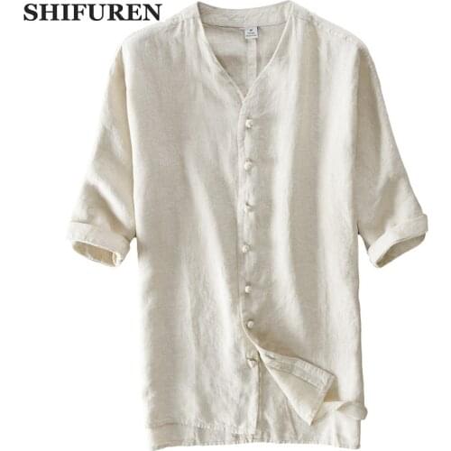 SHIFUREN 100% Pure Linen Casual Shirts Men Breathable Vintage Chinese Traditional Half Sleeve Linen Shirts Kung Fu Tang Blouse