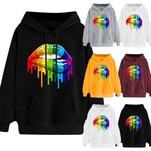 Women Stylish Lips Print Hooded Hoodie Casual Oversize Long Sleeve Sweatshirts Fashion Loose Hooded Pullovers Tops for Women
