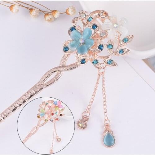 Fashion Metal Chinese Style Hair Stick Flower Rhinestone Hair Chopsticks Hairpin Cat Eye Stone Clip Women Accessory