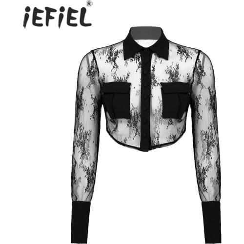 Women Fashion See-through Floral Lace Crop Shirt Tops Turn-down Collar Long Sleeve Button Blouse Tops Casual Patchwork T-Shirts
