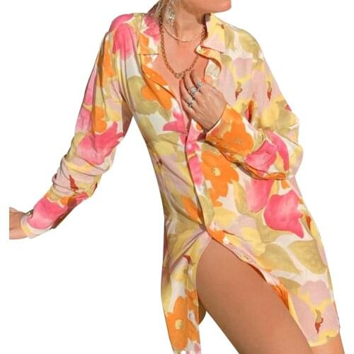 Summer Ladies Temperament Shirt Clothes Women Leisure Style Floral Printing/Color Matching Lapel Long Sleeve Mini Shirt