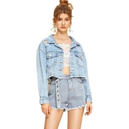 Women Denim Jackets Holes Flayed Spring and Autumn New Style Motorcyle Vintage Jeans Jackets Retro Biker Coats