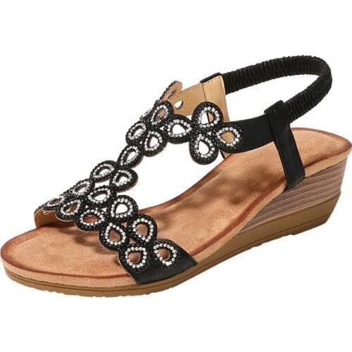 2021 Women Ladies Crystal Casual Wedges Elastic Band Bohemian Beach Sexy High Quality Outsid Ladies Crystal Shoes