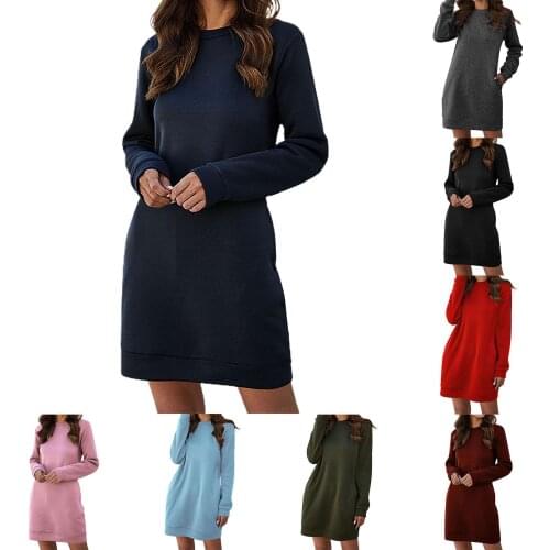 Dress Women Sweatshirt Autumn Winter Long Sleeve Plue Size O-Neck Warm Loose Solid Color Pocket Womens Dresses 2020 Fashion New
