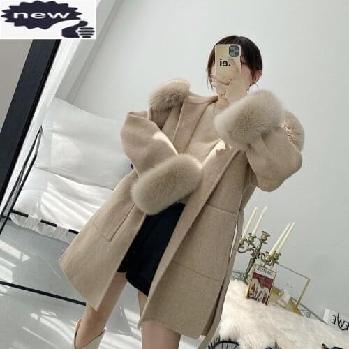 Women Real Fox Fur Collar Wool Overcoat Elegant Belt Medium-Long Hooded Coat Luxury OL Style Winter Warm Outerwear Female