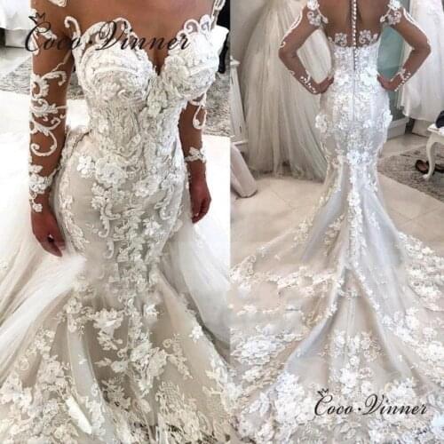 Sexy Illusion Back 3D flowers Appliques Quality Mermaid Wedding Dresses For Women Pearls Beaded Emroidery Bride Dress W0710