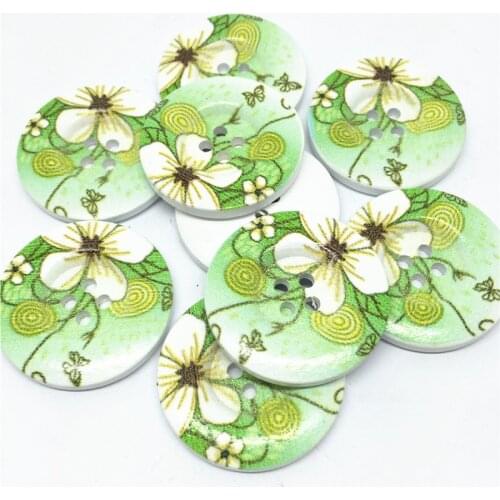 20pcs 30mm Large Wooden Buttons Green Flowers Florals Painted 4 Holes Round DIY Sewing Embellishments Crafts