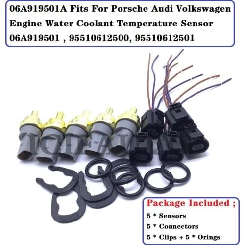 5 x Engine Coolant Temperature Sensor + Connector With Clip & O-Ring For Porsche Audi VW 06A919501A / 95510612500 / 95510612501