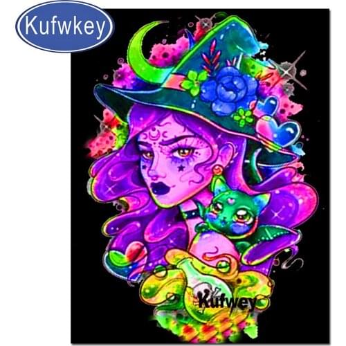 5D Halloween Witch Colorful Girl Cross Stitch Kits Diamond Painting Mosaic Diamond Embroidery Cartoon Cat,Children Room Decor