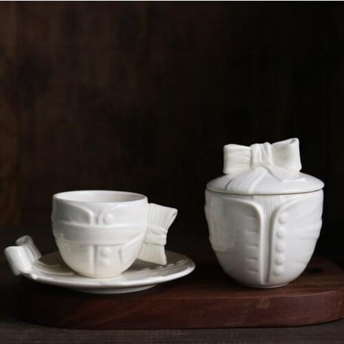 Cream Lovely Bowknot Gentlemans Gown Embossed Coffee Cup and Saucer/Sugar Pot Tea Bag Can