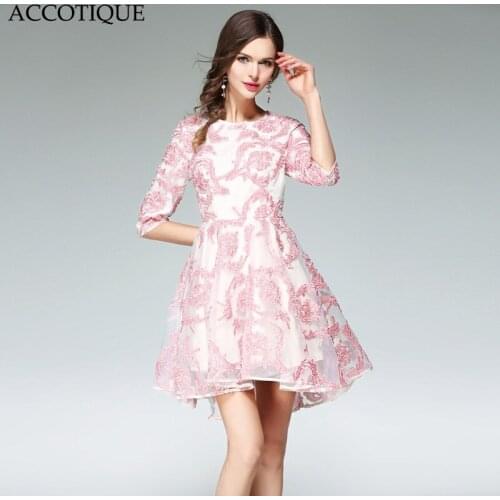 High Quality New Spring Womens Fashion Embroidery Organza Ball Gown Female Cute Slim Short Sleeve Pink Irregular Dresses