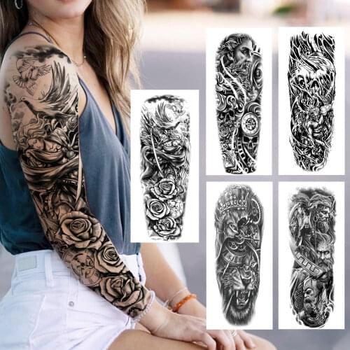 Black Flower Nun Compass Temporary Tattoo Sleeve For Women Men Samurai Rose Skull Lion Fake Tattoo Sticker Sexy Full Arm Tatoo