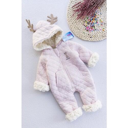 Deer Figured Plush Lined Baby Girl Astronaut Jumpsuit