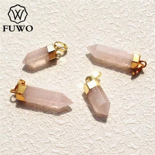 FUWO Rose Quartzs Point Pendant 24K Gold Electroplated High Quality Spike Shape Raw Pink Crystal Stick Jewelry Wholesale PD119