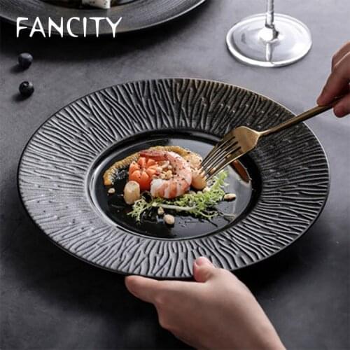 FANCITY Japanese Western Food Plate Ceramic Steak Plate Frosted Household Simple Embossed Pasta Plate Breakfast Plate Fruit Sala