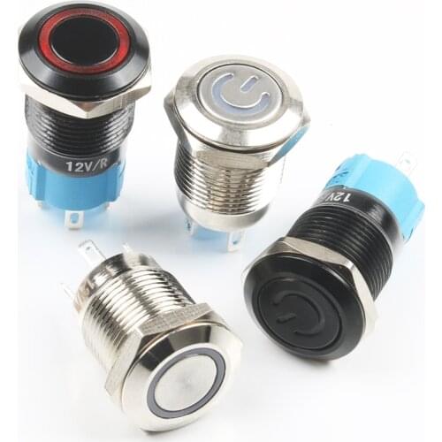 Push Button Switch 4 Pin 12mm Waterproof illuminated Led Light Metal Flat Momentary Switches with power mark/ring 3V 6V 12V 24V