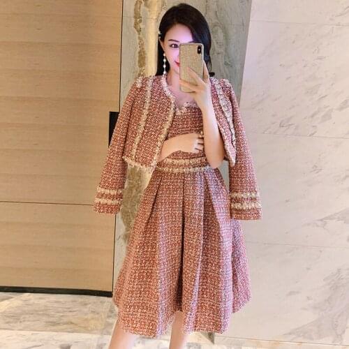 Xiaoxiangfeng suit fashion celebrity bright silk tweed splicing Ribbon Dress foreign style two piece suit female winter